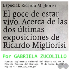 EL GOCE DE ESTAR VIVO. ACERCA DE LAS DOS LTIMAS EXPOSICIONES DE RICARDO MIGLIORISI - Por GABRIELA ZUCOLILLO - Domingo, 23 de Junio de 2019 